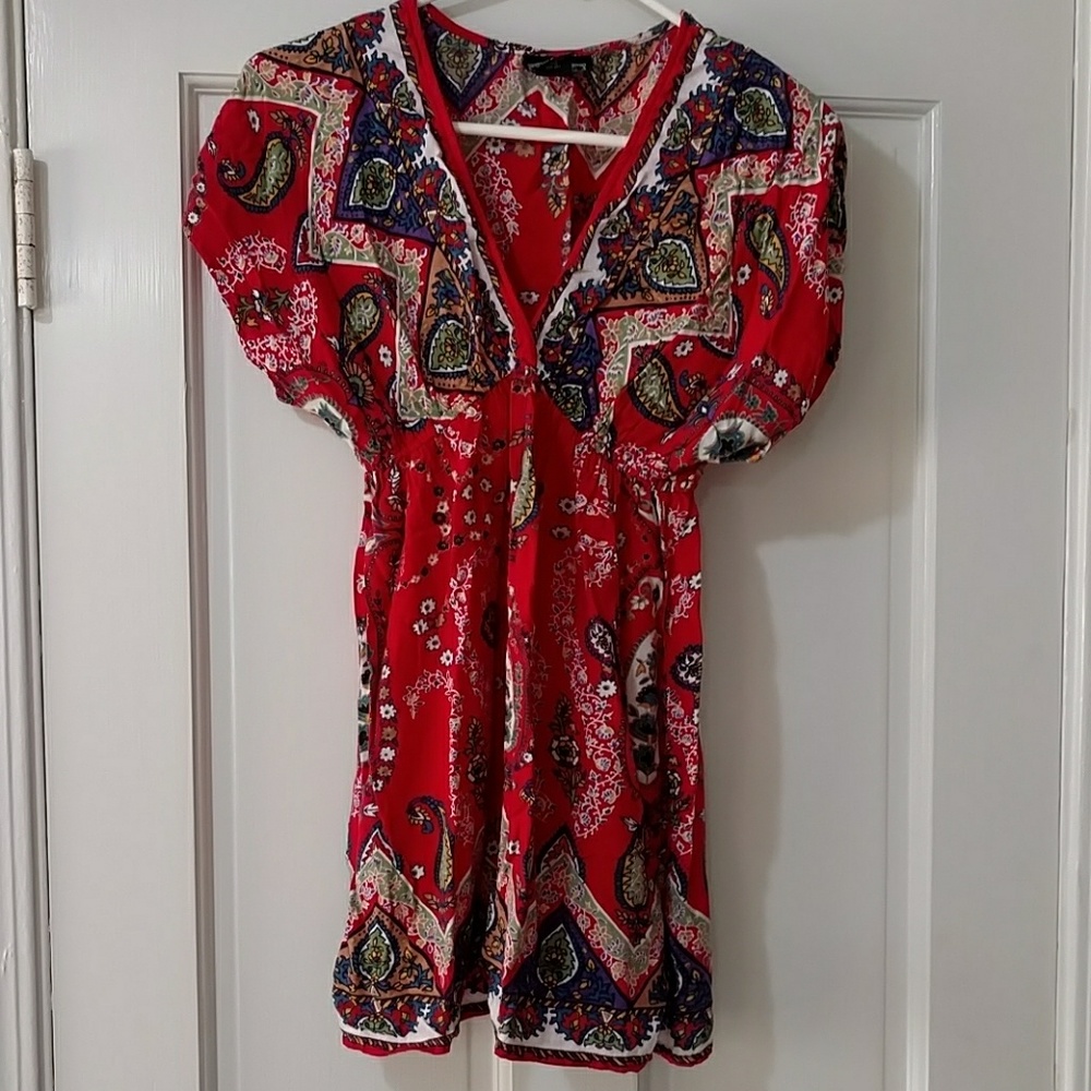 Women's Paisley Fiesta Red Empire Waist Tunic Top